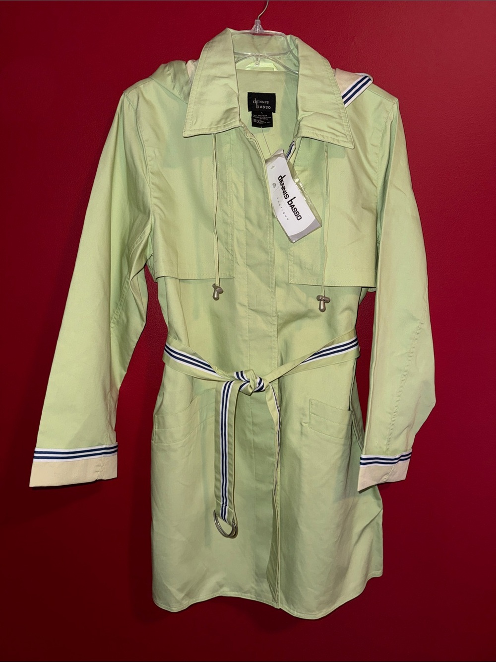 NWT Dennis Basso Boutique Light Green Hooded Trench Coat w/ Ribbon Trim Sz L